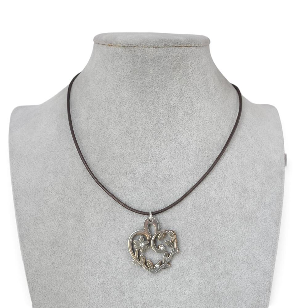 Brighton Reversible Heart Pendant Necklace Brown Leather Cord Retired Silver